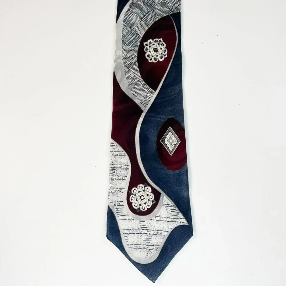 Alexander Lloyd Abstract Print Mens Neck Tie X-Long Blue Grey 100% Silk Mase USA